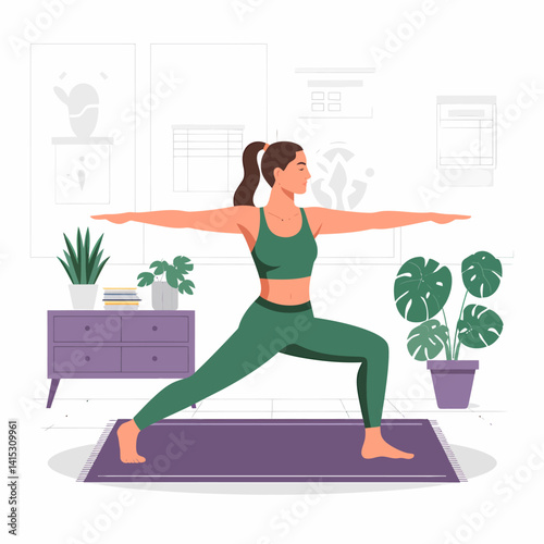 Woman practicing warrior pose yoga indoors for fitness and well-being.