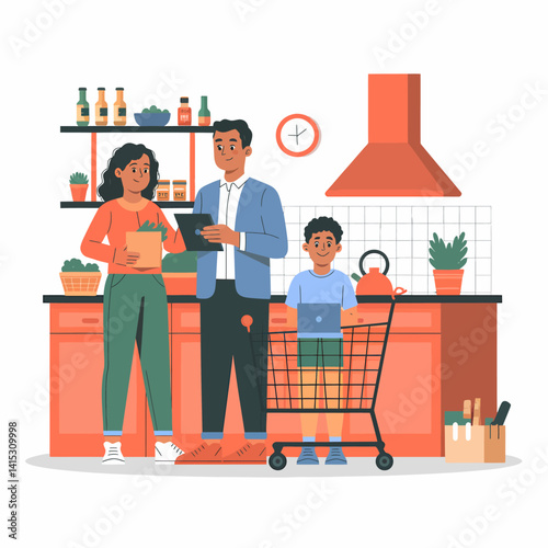 Family Shopping: Parents and Son Buying Groceries in Supermarket