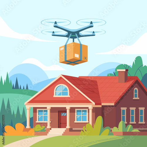 Drone Delivery: Package Arriving at Home via Drone, Modern Logistics