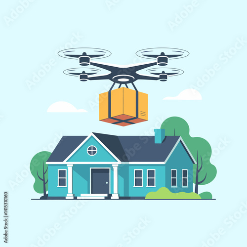 Drone delivery service: Package arriving at suburban home, modern technology, future delivery