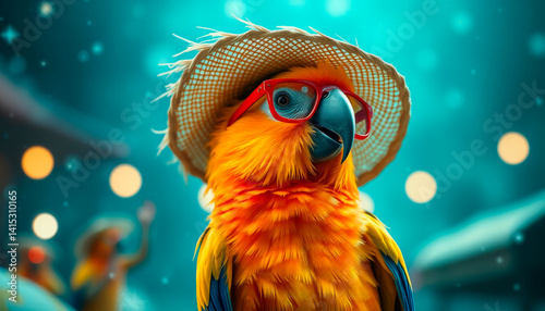A mischievous charming parrot in a summer hat sits on a portly suitcase, the concept of a summer vacation.