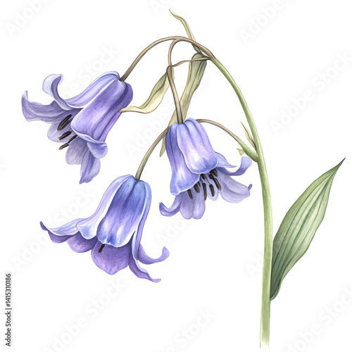 boho style bluebell with muted violet petals and soft green stem hand-drawn earthy floral illustration clip art white background