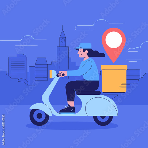 Delivery Scooter Girl with Package in City Silhouette, Order Tracking Vector
