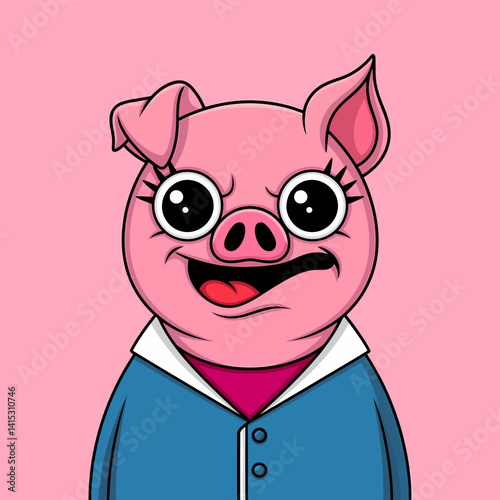 Cartoon Pig Character with jacket, Funny Expression, Isolated on Pink Background