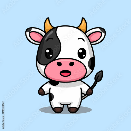 Cute Cartoon Cow Character Illustration on Blue Background
