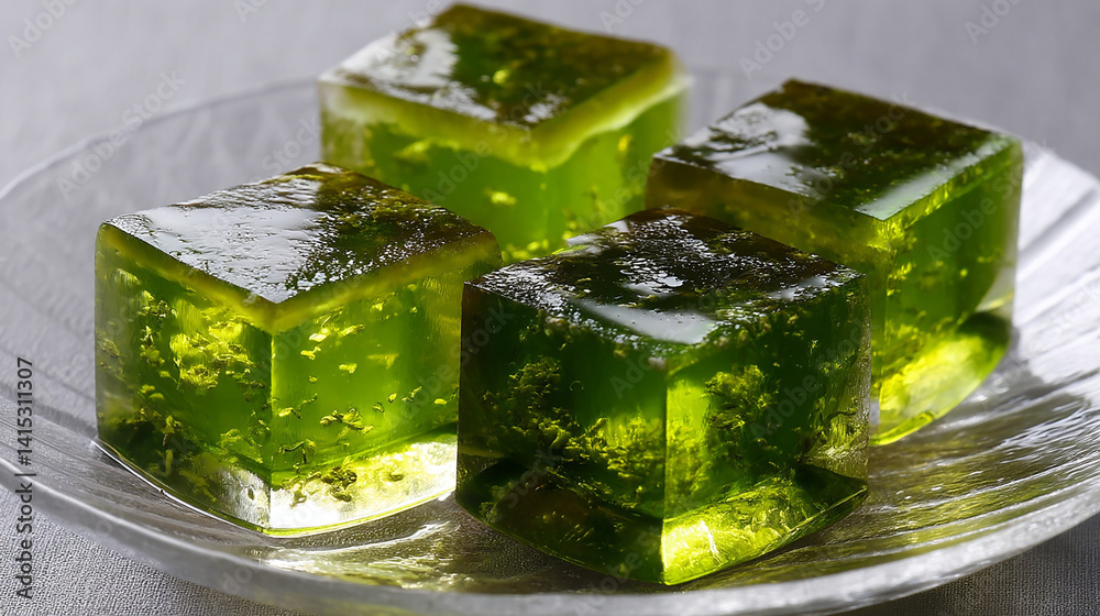 Green tea kanten jelly cubes on glass plate chilled