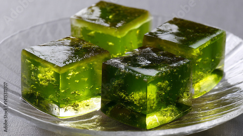 Obraz na płótnie Green tea kanten jelly cubes on glass plate chilled w salonie