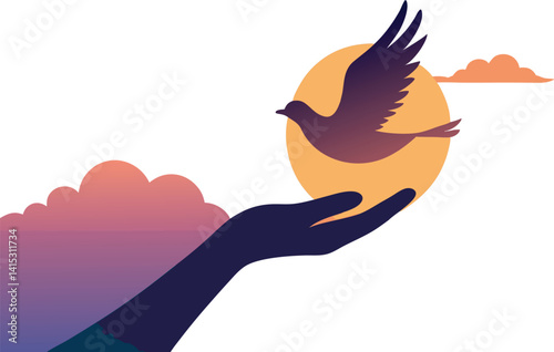 Vibrant illustration of a hand releasing a bird against a sunset background, symbolizing freedom, peace, and new beginnings, perfect for inspirational, nature, and motivational designs.