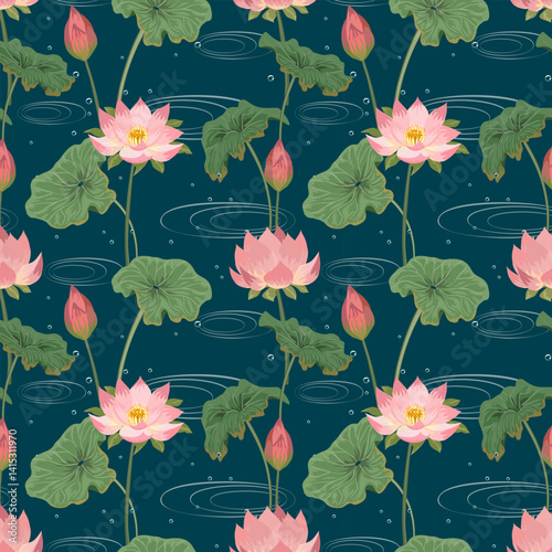 Water lilies in a colorful pattern.Vector seamless pattern with pink water lilies on a colored background with bubbles.
