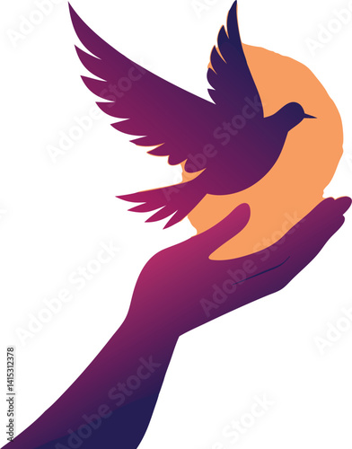  Vibrant illustration of a hand releasing a bird against a sunset background, symbolizing freedom, peace, and new beginnings, perfect for inspirational, nature, and motivational designs.