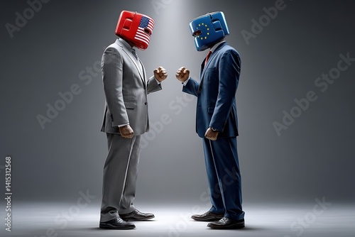 Usa and eu trade conflict depicted as businessmen boxing, symbolizing economic tensions and tariff disputes