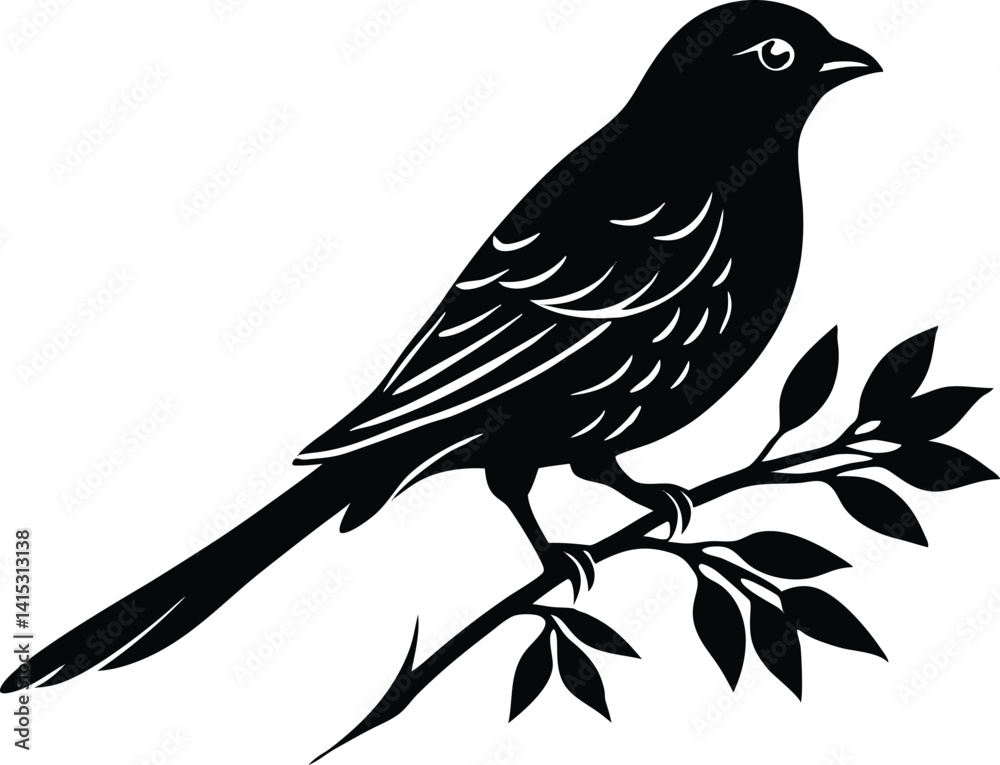 Black silhouette of a single bird perched on a tree branch with leaves, symbolizing nature, peace, and tranquility, perfect for wildlife, nature, and bird-themed designs. Black silhouette of a single bird perched on a tree branch with leaves, symbolizing nature, peace, and tranquility, perfect for wildlife, nature, and bird-themed designs.