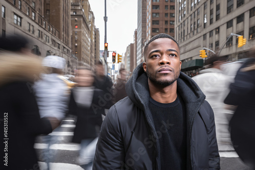 Fototapeta Naklejka Na Ścianę i Meble -  pensive individual standing still amid motion-blurred New York pedestrians, emotional juxtaposition in city environment