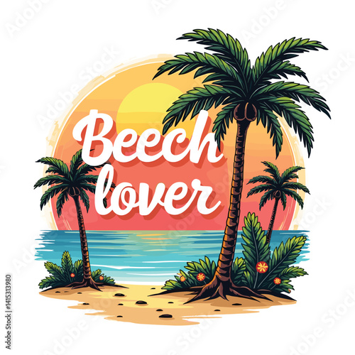 Typography summer with beech and sunset lover t-shirt design vector.