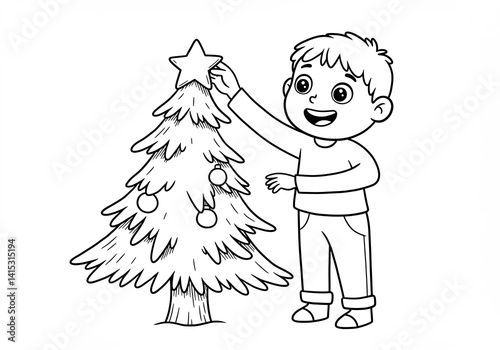 Happy Boy Decorating Christmas Tree