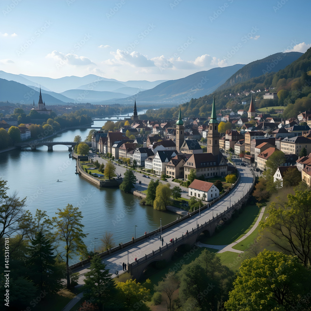 Fototapeta premium Cityscape Along River with Bridge and Distant Mountains
