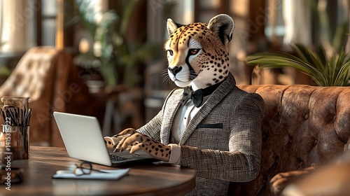 Cheetah in a suit using a laptop in a cafe.  Warm lighting, wooden table, and lush indoor plants visible in the background