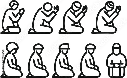 Simple Line Art Depicting Muslims in Prayer