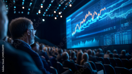 Financial Conference Audience Watching Stock Market Chart Presentation, Blue Tones, Business Meeting, Global Finance, Investment Analysis