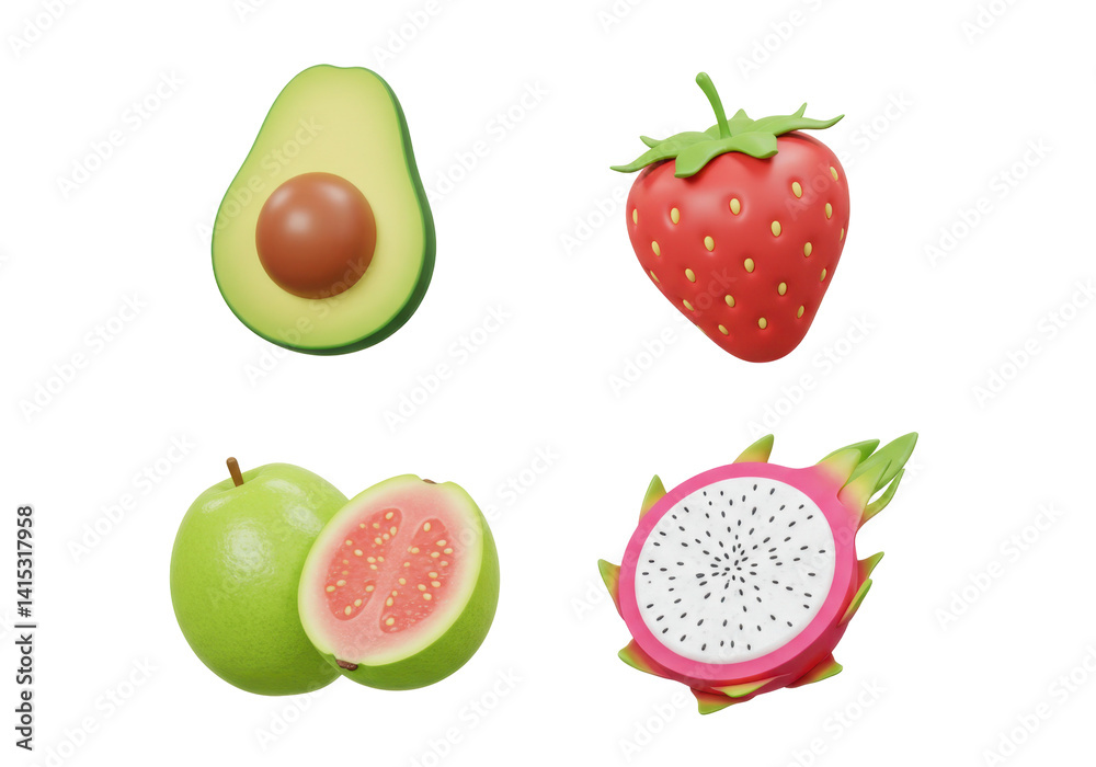 Collection of Colorful Fresh Fruits Including Avocado Strawberry Guava and Dragonfruit on Transparent Background Collection of Colorful Fresh Fruits Including Avocado Strawberry Guava and Dragonfruit on Transparent Background