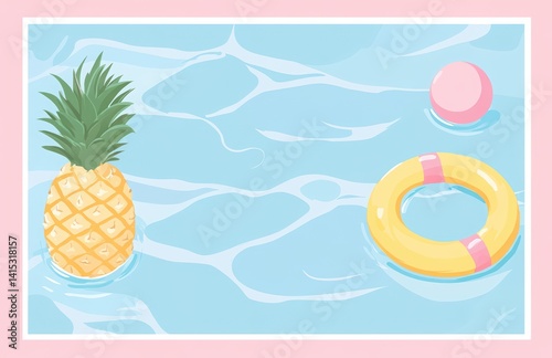 summer pool party background with cute inflatable rings and a pink beach towel, swimming pool with water splashes and a pineapple float