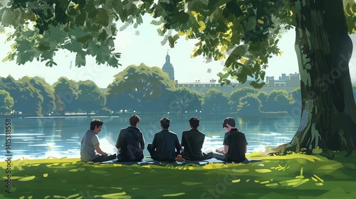 Friends enjoying a carefree picnic on the grass, embracing joyful moments together