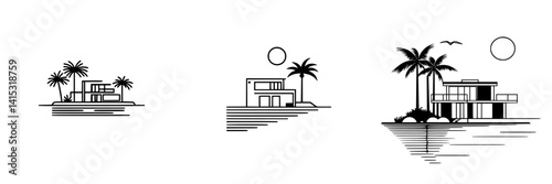 Vector illustration of modern coastal houses surrounded by palm trees under a sun in a simplistic style
