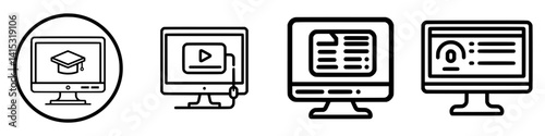 Various vector illustrations of computer screens showcasing educational content and multimedia elements in a modern digital environment