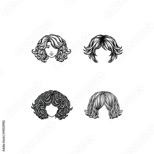 A set of hair wig silhouette vector isolated on white background