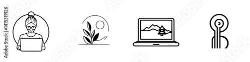 Vector illustration depicting a person working on a laptop, a nature icon with sun and plant, a laptop with mountains, and a key