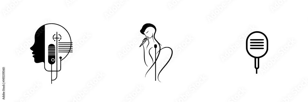 Musical icons with a singer, microphone, and sound waves in a minimal vector style for music design projects Musical icons with a singer, microphone, and sound waves in a minimal vector style for music design projects