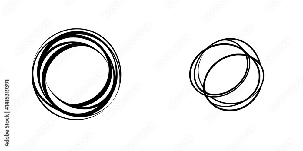 Vector illustration of two abstract circular designs featuring interlocking loops and sharp contrast in a minimalist style