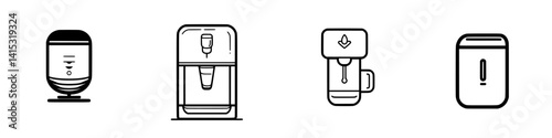 Vector illustration icons of various water dispensers showcasing different designs and functionalities