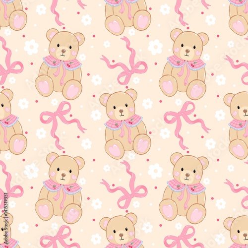 Vintage Teddy Bear Coquette Seamless Pattern. Soft Pink Teddy Bears and Bows Pattern