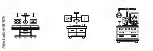 Modern medical equipment icons representing advanced healthcare technology for patient monitoring, treatment, and diagnostics