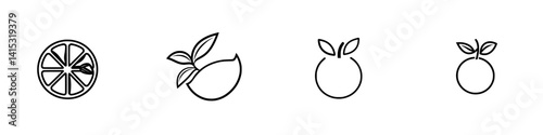 Vector illustration icons representing various stages of an orange fruit from sliced to whole