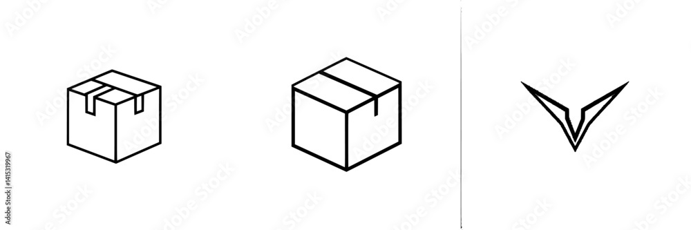 Vector illustration icons depicting packaging boxes and a stylized logo design for visual branding and packaging solutions Vector illustration icons depicting packaging boxes and a stylized logo design for visual branding and packaging solutions