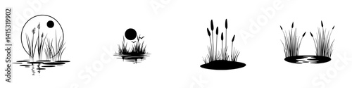 Vector illustration of tranquil water landscapes featuring plants and sun elements during sunset