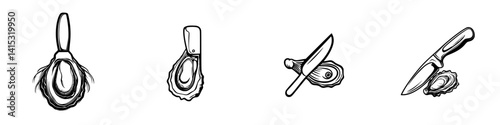 Oyster shucking tools and process illustrated in a vector design for culinary enthusiasts and seafood lovers