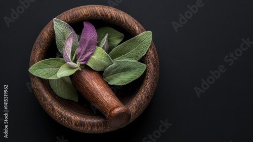 Wallpaper Mural Fresh herbs being crushed in a wooden mortar with pestle on a dark background for culinary preparation Torontodigital.ca