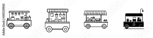 Vector illustration of four colorful food carts selling various snacks and drinks in an outdoor market setting