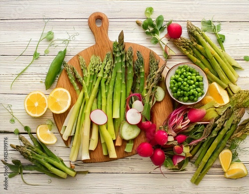 Top view of a bright spring-inspired food mood board featuring asparagus, radishes, green peas, microgreens, and lemon slices on a light wooden background.