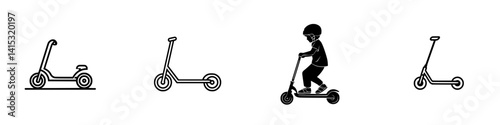 Vector illustration of scooter types and a child riding one in a playful outdoor setting