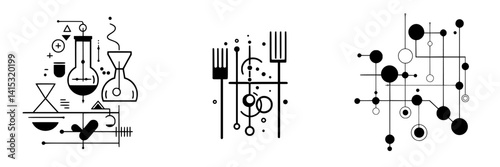 Vector illustration of science and dining elements represented through abstract geometric designs suitable for educational or culinary themes
