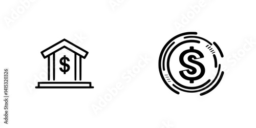 Vector illustration of a bank building and a dollar coin representing finance and economic concepts