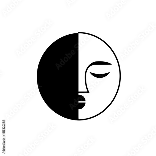 Conceptual vector illustration featuring a half-moon face design symbolizing duality and balance in minimalistic style