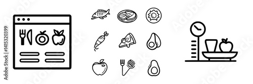 Vector illustration depicting healthy food icons and a digital meal planner for balanced diets and nutrition tracking