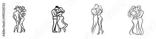 Emotive vector illustrations of couples showcasing various romantic gestures in elegant silhouettes during a serene evening