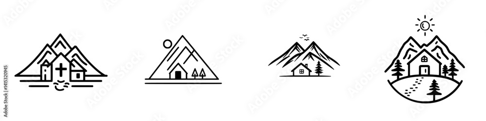 Vector illustration icons of mountains and houses highlighting serene outdoor environments with natural beauty Vector illustration icons of mountains and houses highlighting serene outdoor environments with natural beauty