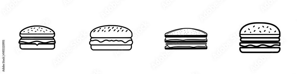 Vector illustration of various burger icons showcasing different styles and toppings for creative projects Vector illustration of various burger icons showcasing different styles and toppings for creative projects